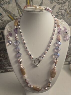 Handcrafted Pink Pearl and Amethyst Layered Necklace Set
